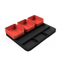 Plateau de stand imprimé en 3D avec 3 boîtes de pièces, couleur noir/rouge